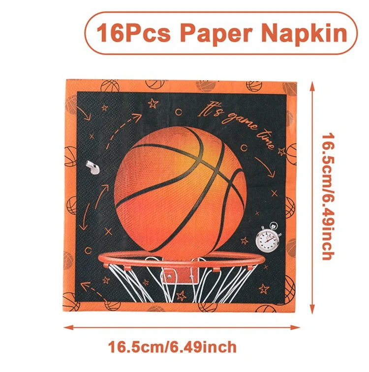 décoration fête anniversaire basket ball assiettes gobelets serviettes guirlande ballon bouteille table orange noir