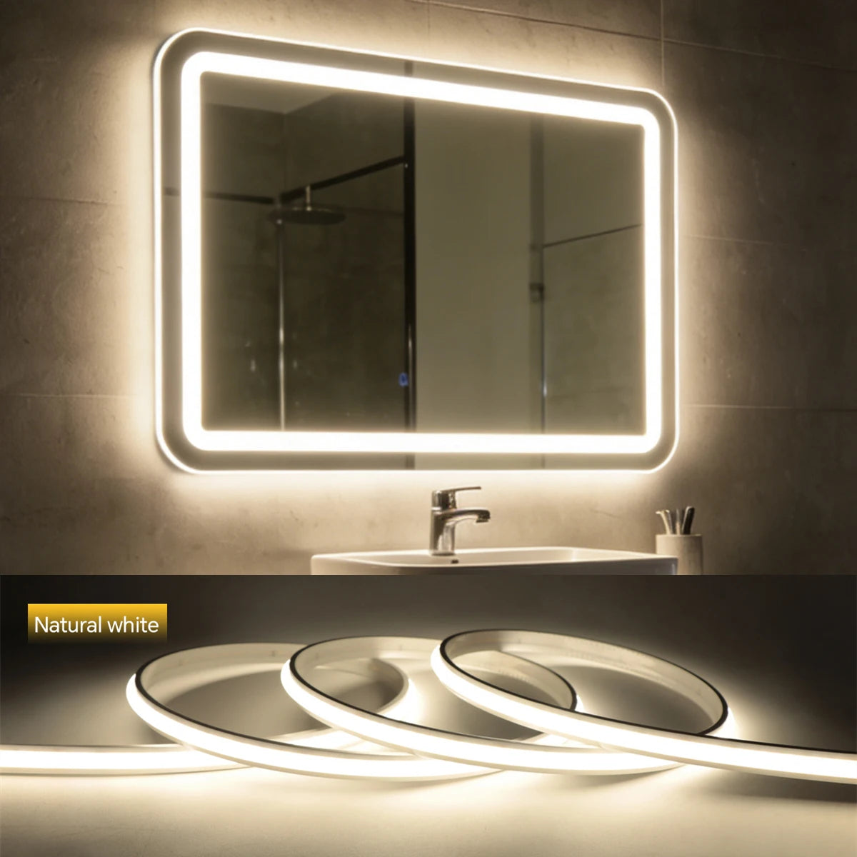 ruban led autocollant flexible interrupteur miroir maquillage armoire salon blanc chaud