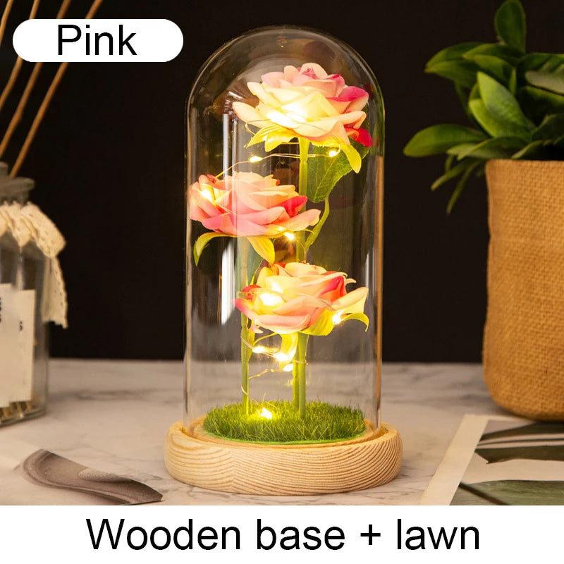 roses stabilisées bouquet guirlande lumineuse cloche verre décoration intérieure romantique anniversaire valentin engagement