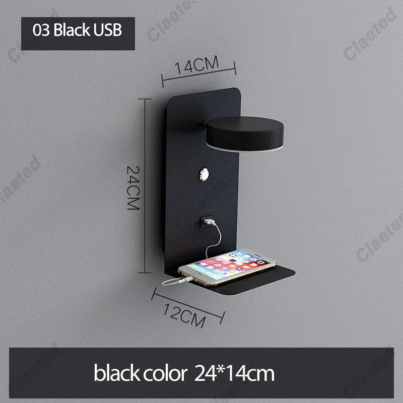 lampe murale moderne noire blanche tablette prise électrique câble charge contrôle