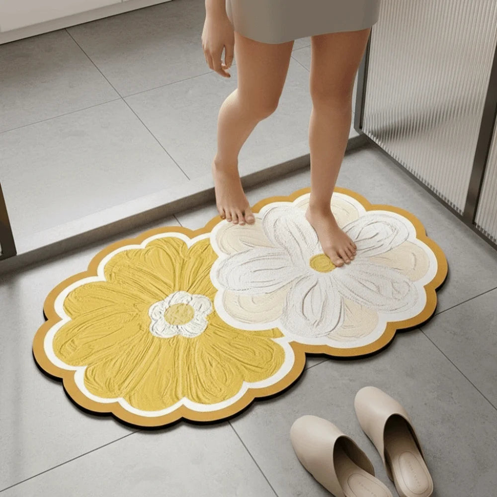 tapis décoration florale moderne jaune blanc bleu violet gris vert marron texturé relief