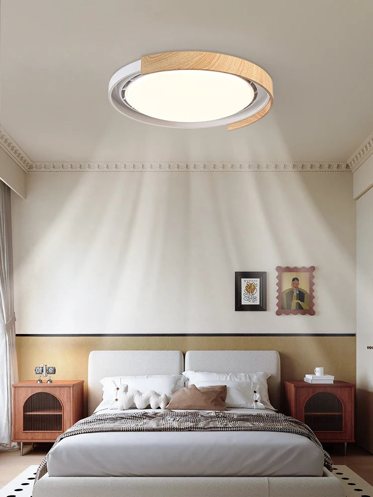 luminaire moderne bois grainé marron foncé éclairage ventilateur led invisible chambre coucher