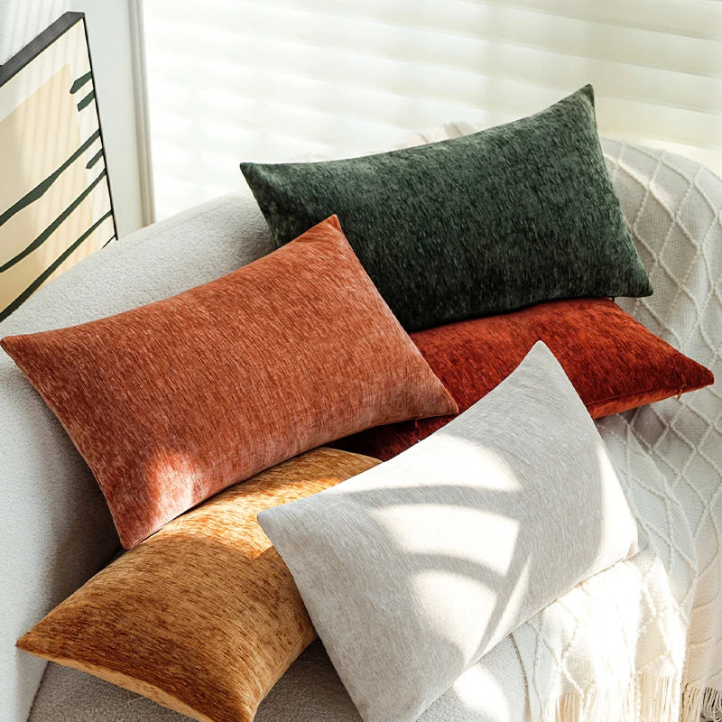 housse coussin chenille solide moderne 30x50cm orange gris vertfoncé velours
