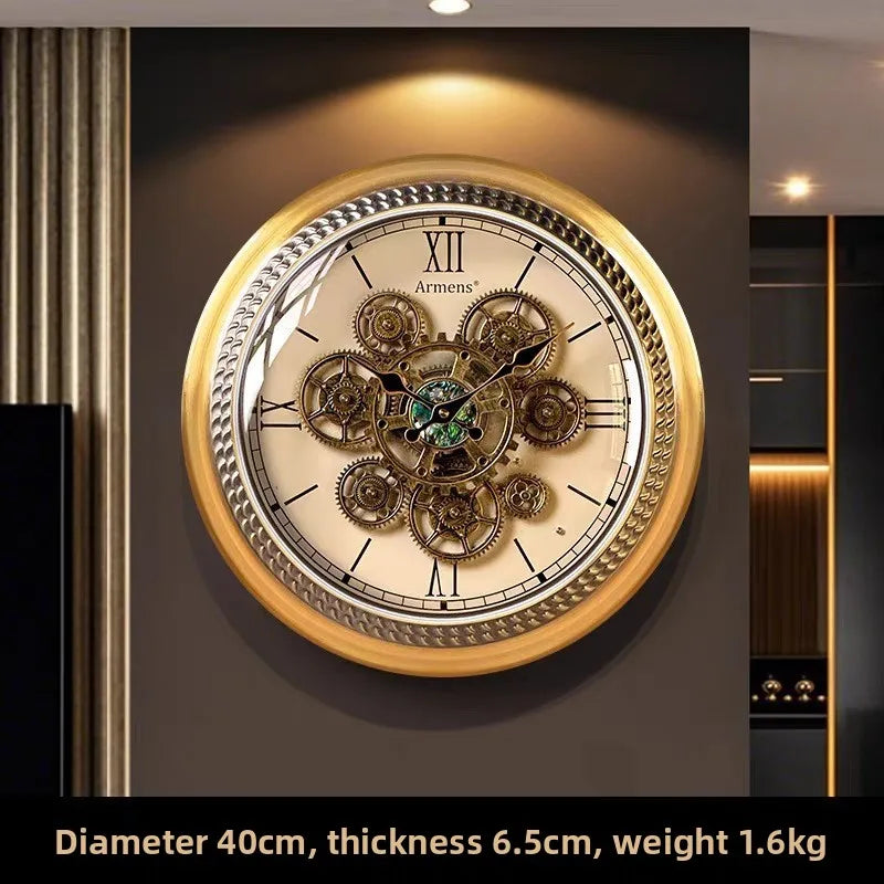 horloge murale vintage aiguille numérique transparente cadre doré numeros romains mécanisme visible rétro ornemental