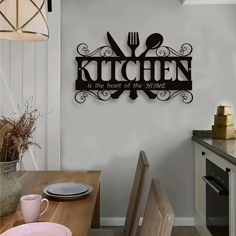 plaque murale décorative moderne artisanale lettres kitchen cœur maison motifs floraux fourchette adhésive noire