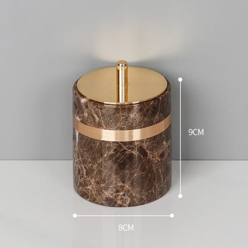 ensemble salle bain marbre moderne marron doré distributeur savon tasse brosse dents adhésif