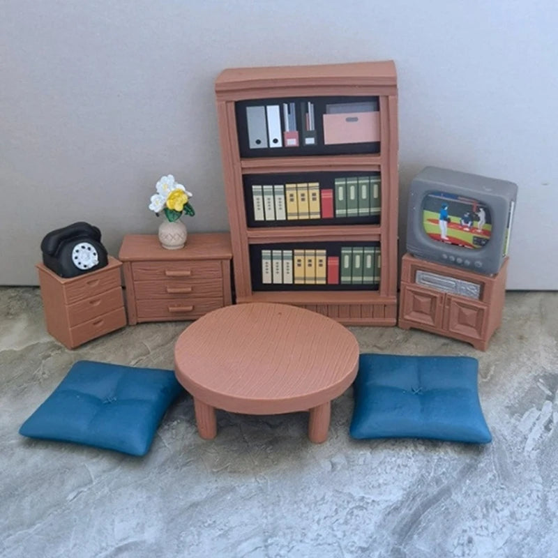 meubles salon miniature résine moderne brun bleu vert tapis fauteuil table basse bibliothèque