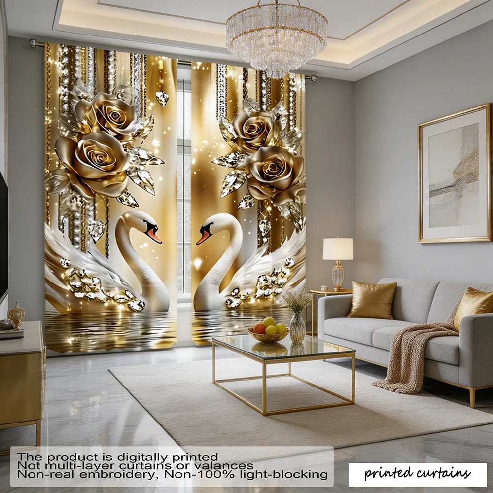 rideaux imprimés or blanc cygnes roses dorées modernes opaques salon 105x230cm