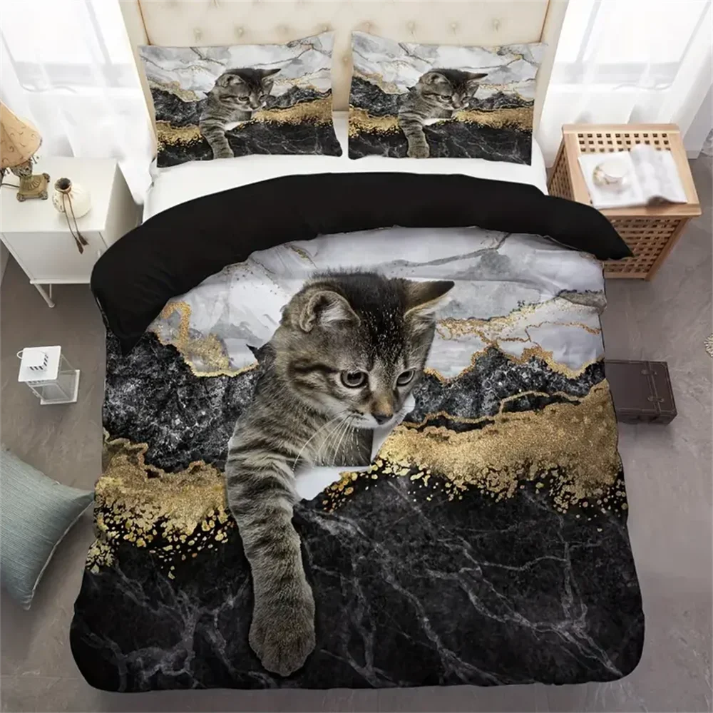 ensemble literie microfibres marbre veines dorées moderne élégant noir blanc gris housse couette taie