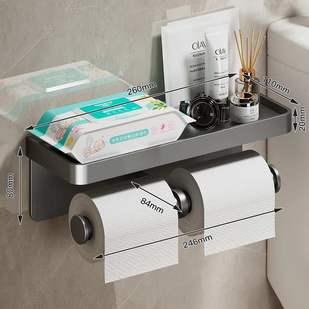 porte serviettes moderne porte papier toilette étagère rangement aluminium gris salle bain adhésif minimaliste