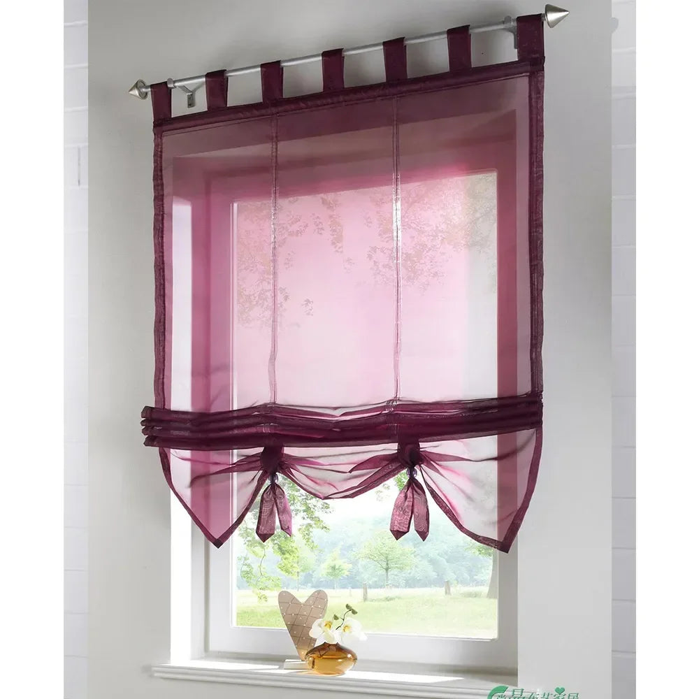 rideau transparent romain brodé couleurs multiples tissu léger plis horizontaux rubans verticaux décoratif