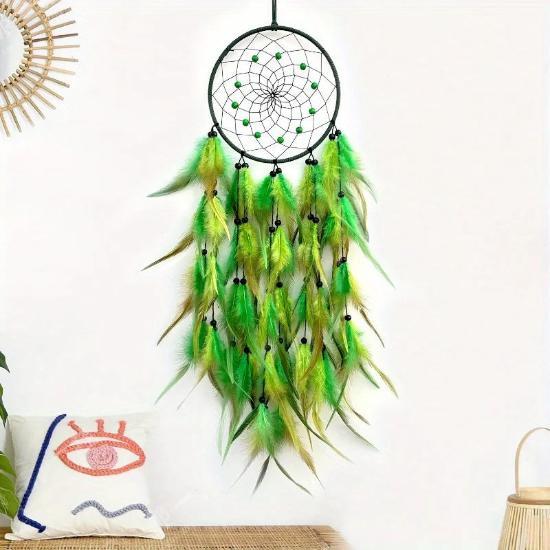 attrape rêves traditionnel plumes bleu vert orange violet décoration murale