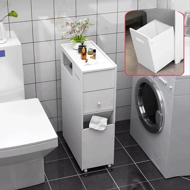 meuble rangement toilettes blanc moderne étagères réglables roulettes boîte papier tiroir poubelle indépendante