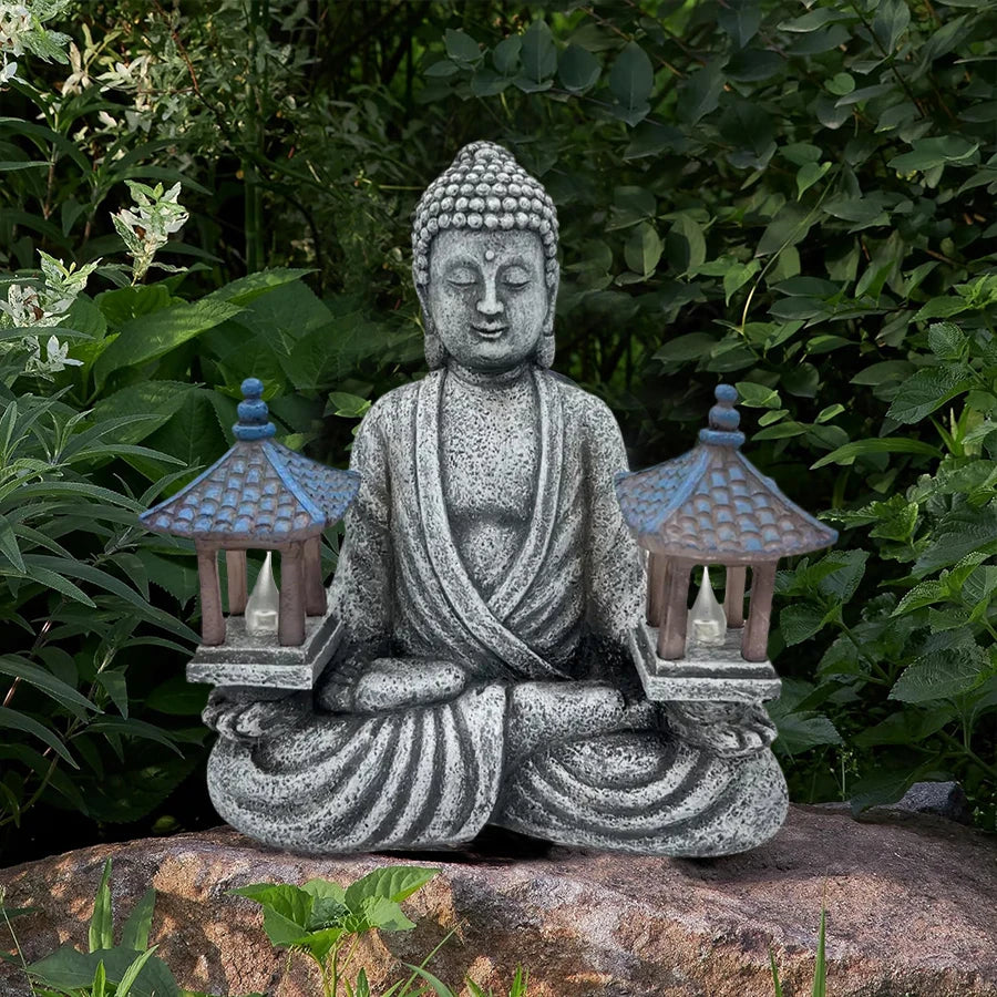 statue bouddha résine gris jaune bleu lanternes solaires zen décoration intérieure extérieure vieilli aspect
