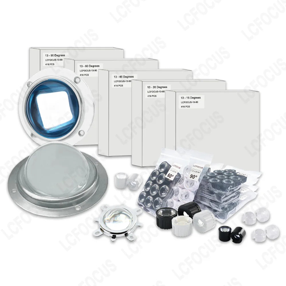 lentille led transparente verre optique 78mm 30 45 60 90 120 degrés support fixe