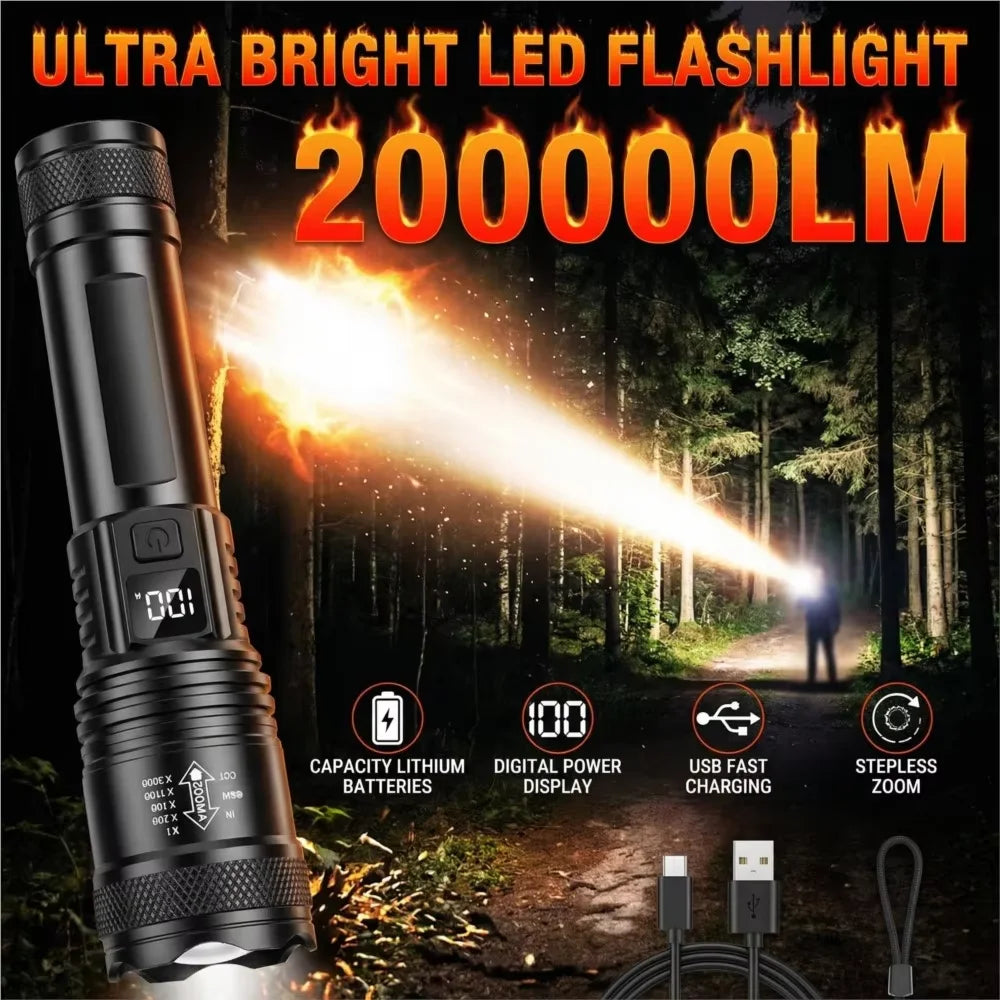 lampe torche rechargeable usb led haute luminosité étanche zoom camping randonnée portable noire moderne