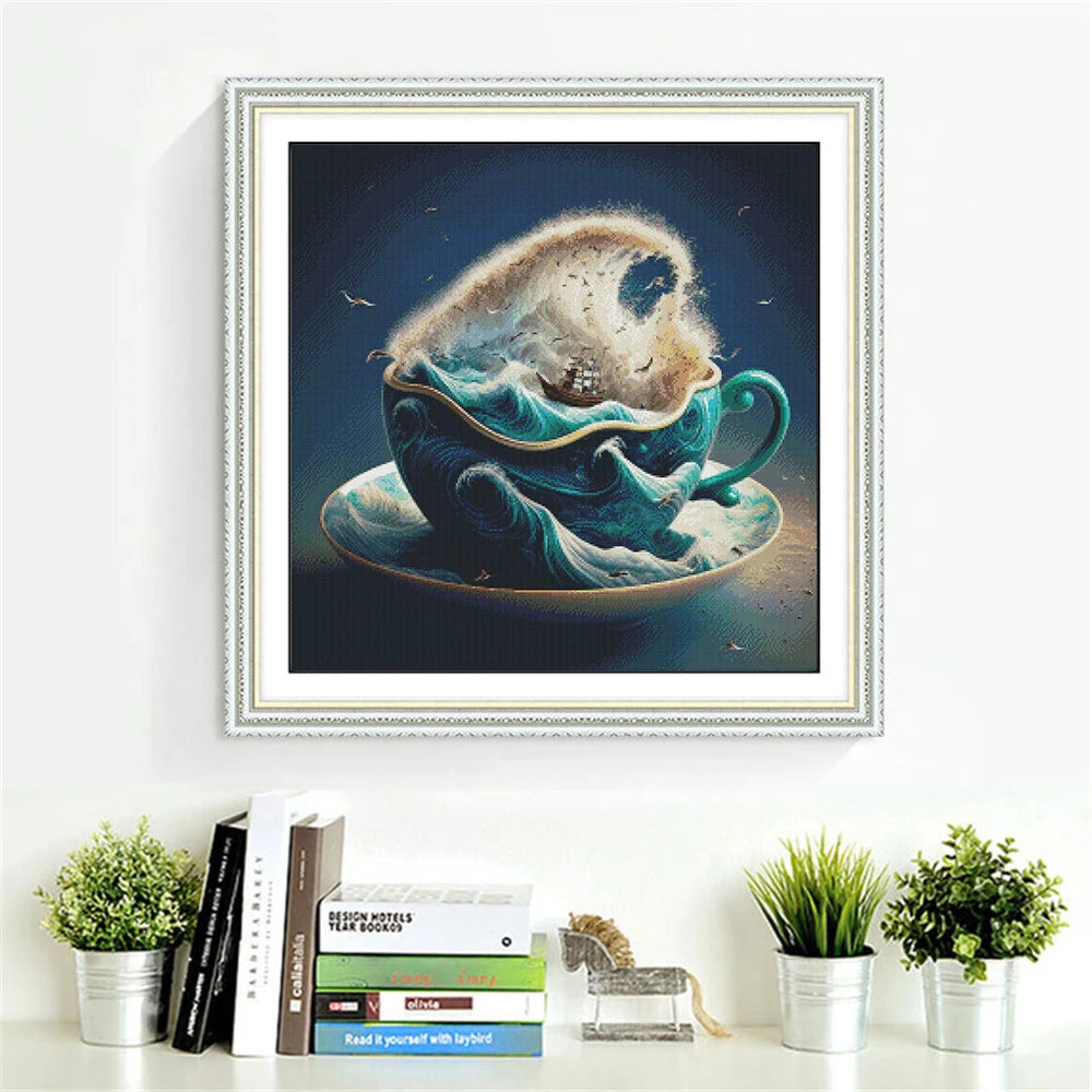kit broderie paysage mer moderne toile coton imprimée bleu vert blanc abstraite aiguilles instructions
