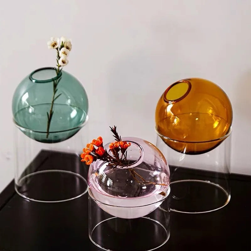 vase verre transparent moderne minimaliste bleu vert rose sphérique tableDecoration floral artificiels