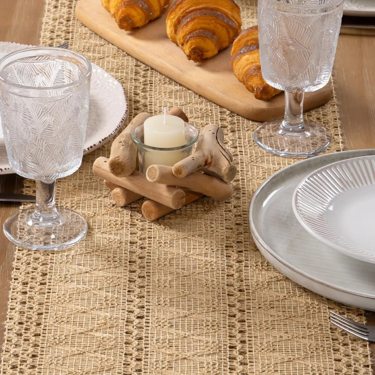 chambre coucher salon chemin table jute tissu rustique géométrique beige clair grande table