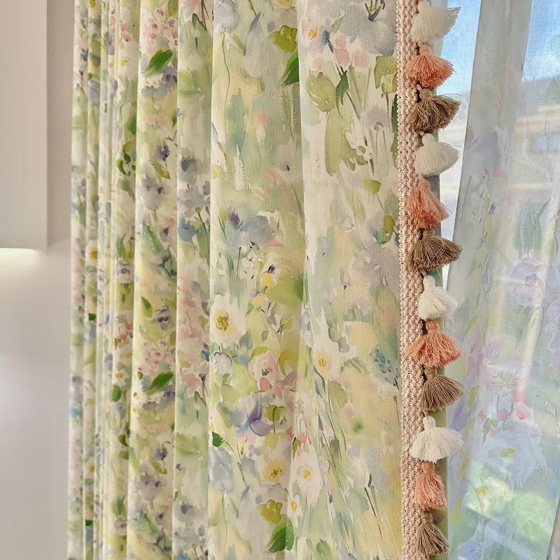 rideau moderne vert motif fleurs feuilles semi transparent pompons salon chambre