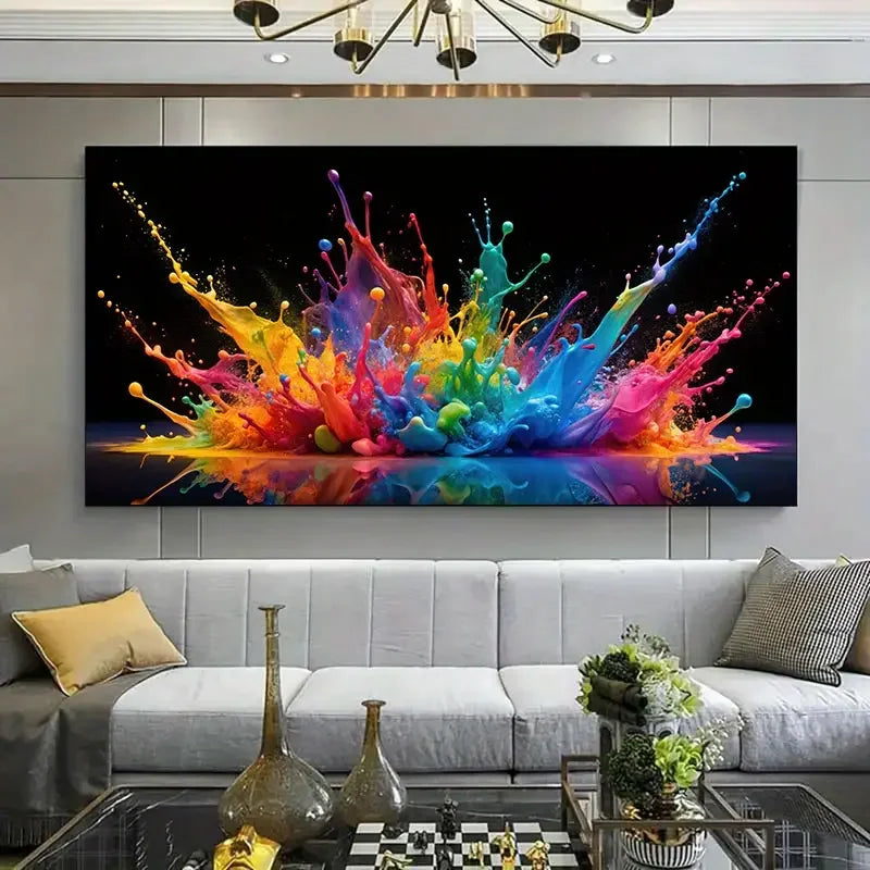 toile sans cadre moderne explosion peinture multicolore jaune rouge brillante grande dimension salon horizontal