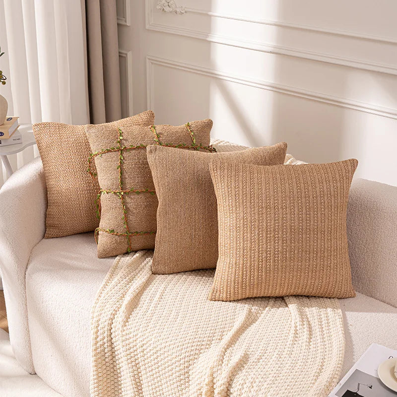 housse coussin tissée jute motif quadrillé vert rustique décor feuilles