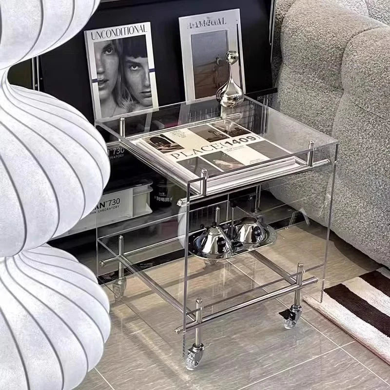table basse moderne transparente roulettes minimaliste plateau carré blanc gris magazines vases télécommande
