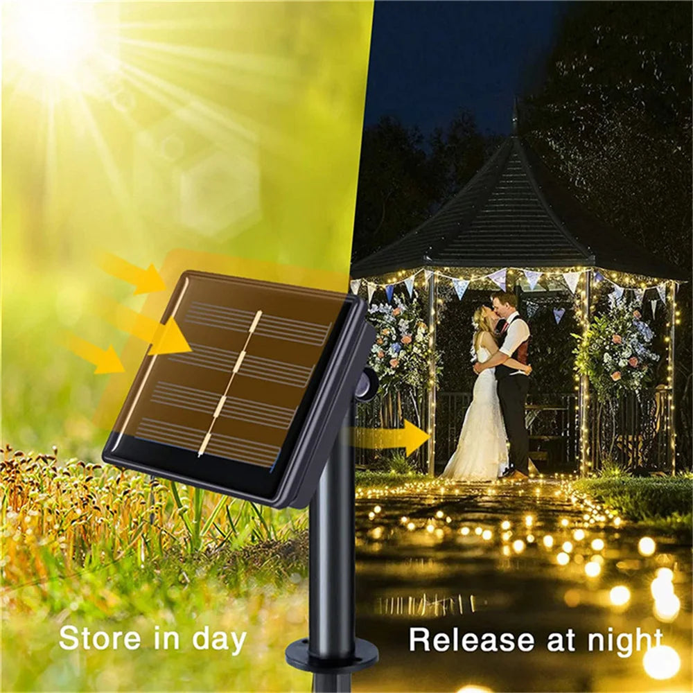 guirlande lumineuse solaire extérieure jaune doré rideau vertical festif romantique ip65 led pvc