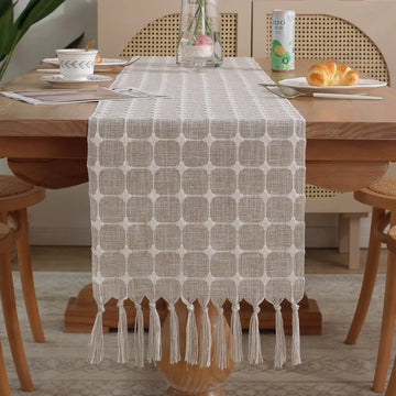 chinois moderne élégant chemin table carreaux blancs tassel lin beige clair