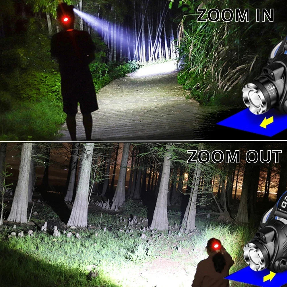 lampe frontale led noire bleue rayées moderne super lumineuse zoomable étanche camping pêche nocturne
