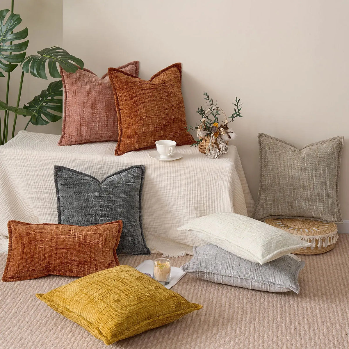 taies d'oreiller chenille gris beige motif solide contemporain non toxique dimension 45x45cm decoration maison