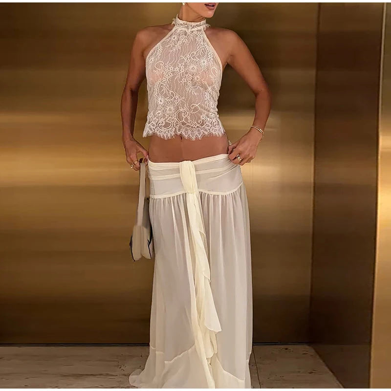 robe élégante blanc dentelle volants fente estivale chic translucide sortie printemps été