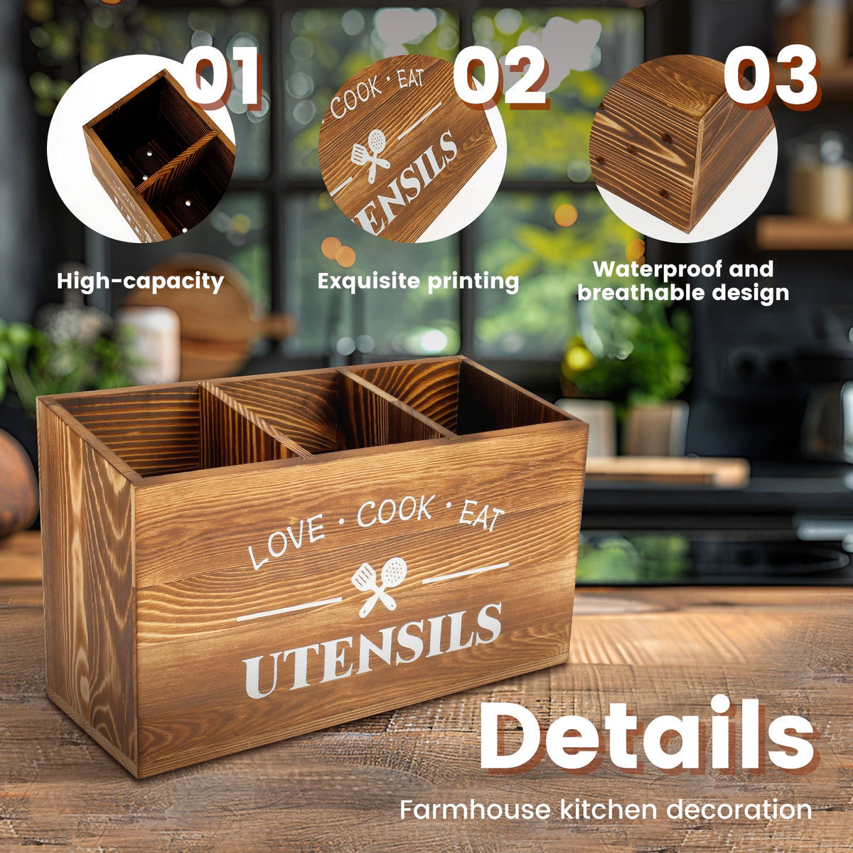 boîte ustensiles bois naturel rustique moderne compartiments ustensiles gris organisateur cuisine
