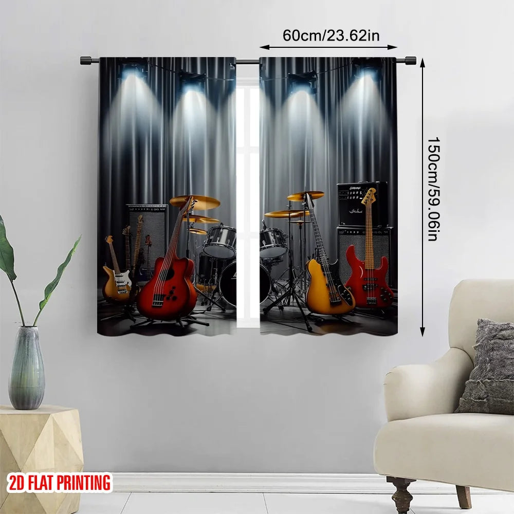 rideau moderne rock instruments musique noir gris blanc rouge jaune imprimé polyester machine