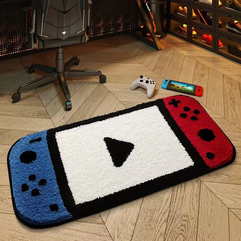 tapis antidérapant polyester doux motif manette jeu moderne bleu blanc rouge gris noir