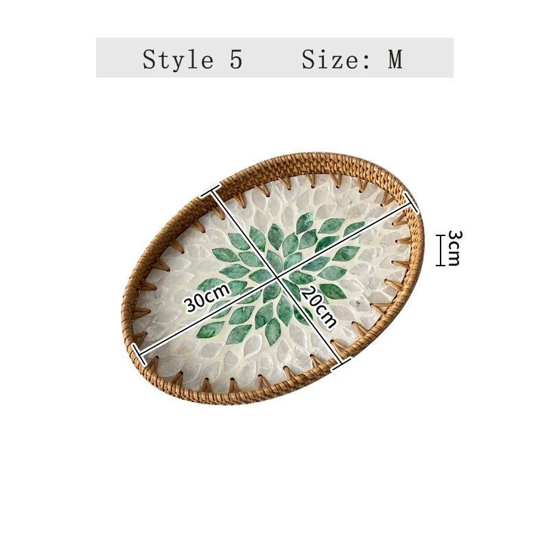 assiettes ovales rotin mosaïque coquillages boho rustique multicolore thé collations