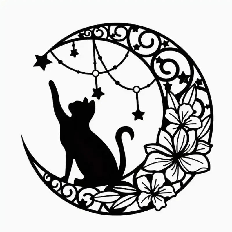 décoration murale silhouette chat noir lune fleurs étoiles métal artisanal moderne