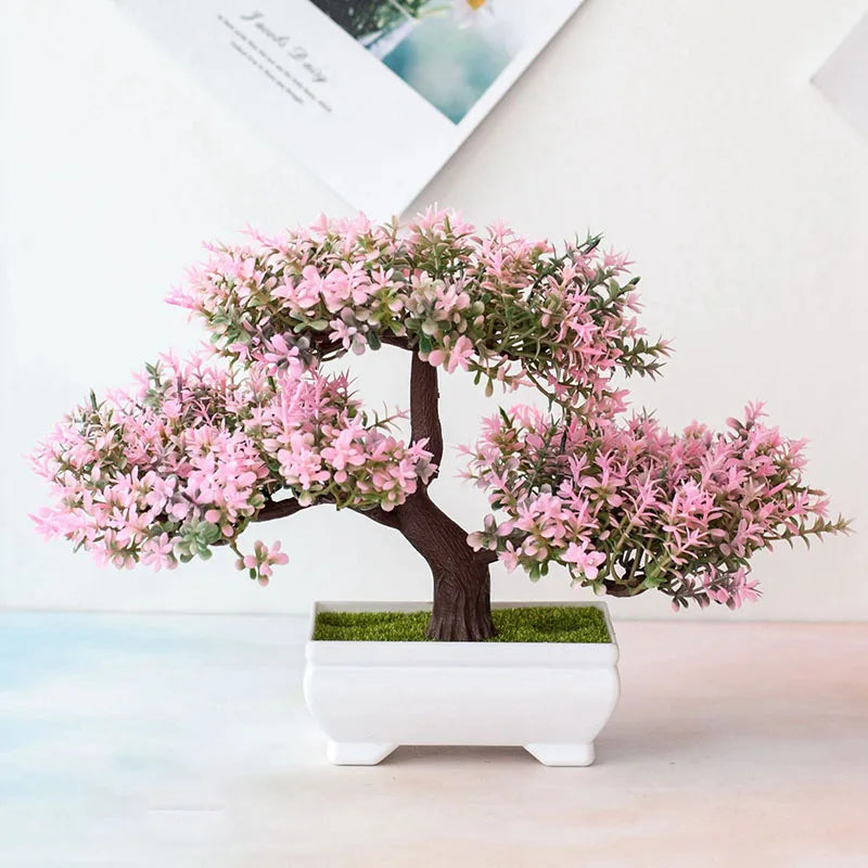 petit bonsaï artificiel plante pot blanc décoratif maison jardin fleurs roses vertes