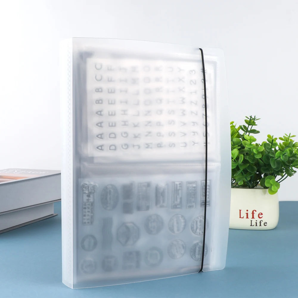 rangement scrapbooking tampons matrices dies transparent feuilles lettres chiffres motifs élastique noir album plastique