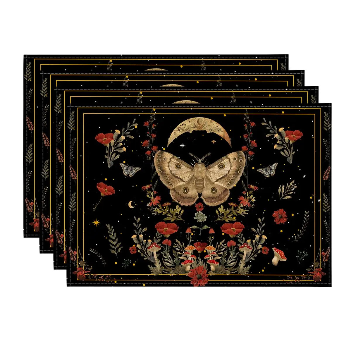 tapis table vintage noir papillons fleurs lune romantique assiettes fourchettes couteaux