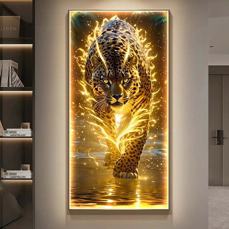 tableau decoratif moderne leopard eau flammes dorées cadre noir jaune doré chambre salle manger