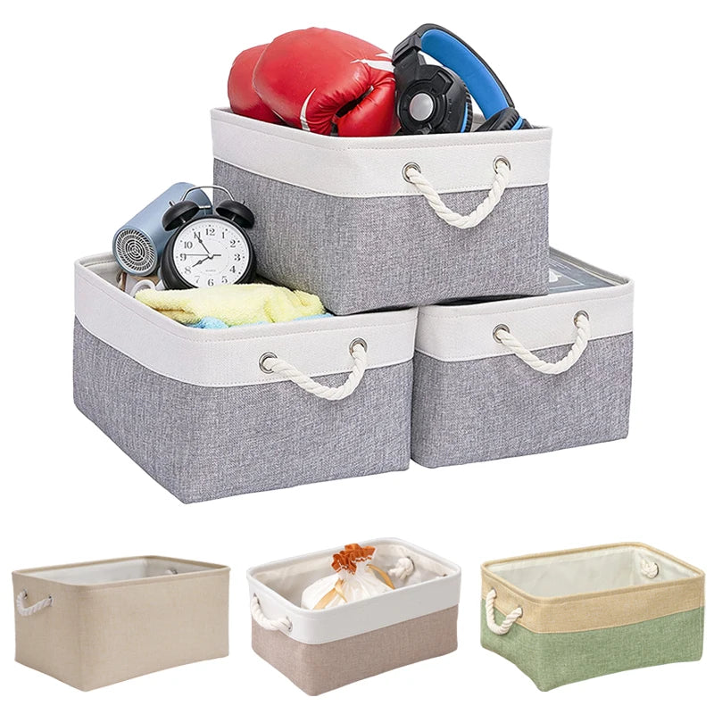 boîtes rangement pliables tissu lin moderne beige gris vert olive poignées corde respectueux environnement