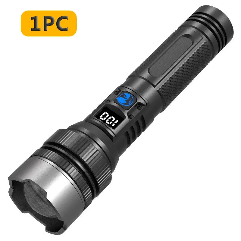 lampe poche led rechargeable zoom écran numérique 15w 100mètres noir texturé moderne