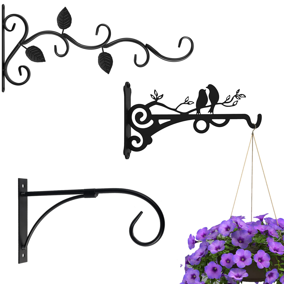supports murals plantes suspendues noir feuilles oiseaux artisanat chaines pots fleurs