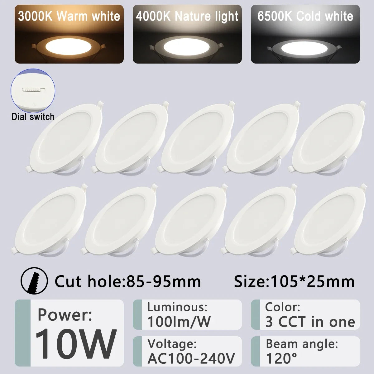 ampoule led downlight spot blanc moderne interrupteur gradateur 3000k 4000k 6000k 10w 24w