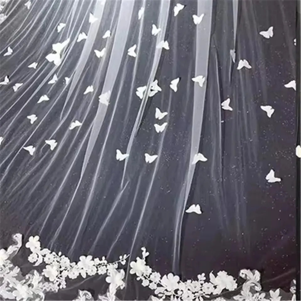 voile mariée blanc bordure fleurs papillons 3d dentelle translucide classique romantique