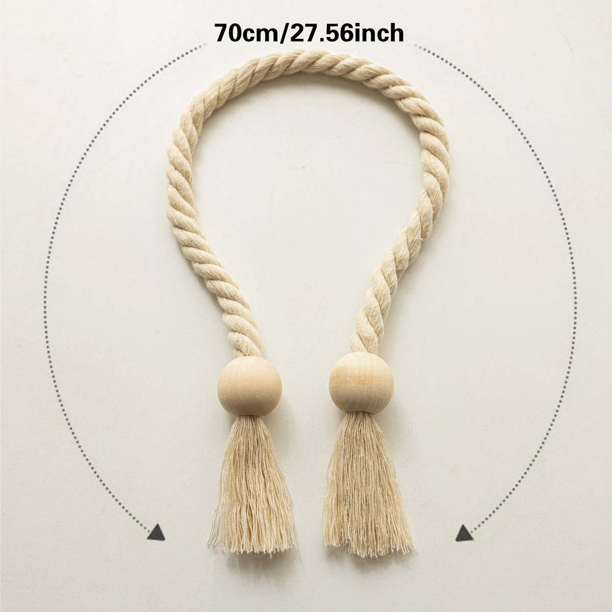 rideau polonais moderne ruban fenêtre tissé corde pompons bois beige clair 70cm