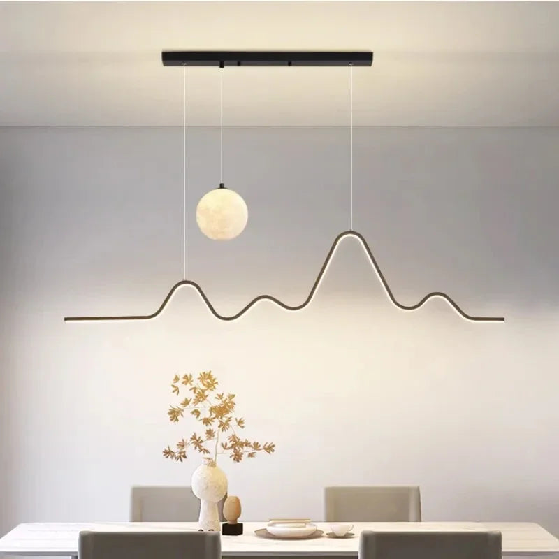 suspension moderne minimaliste luminaire vague lune forme ondulée blanc noir doré led chambre restaurant