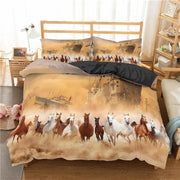 housse couette chevaux mouvement plaine ciel nuageux taies d'oreiller ensemble adulte enfant violet marron