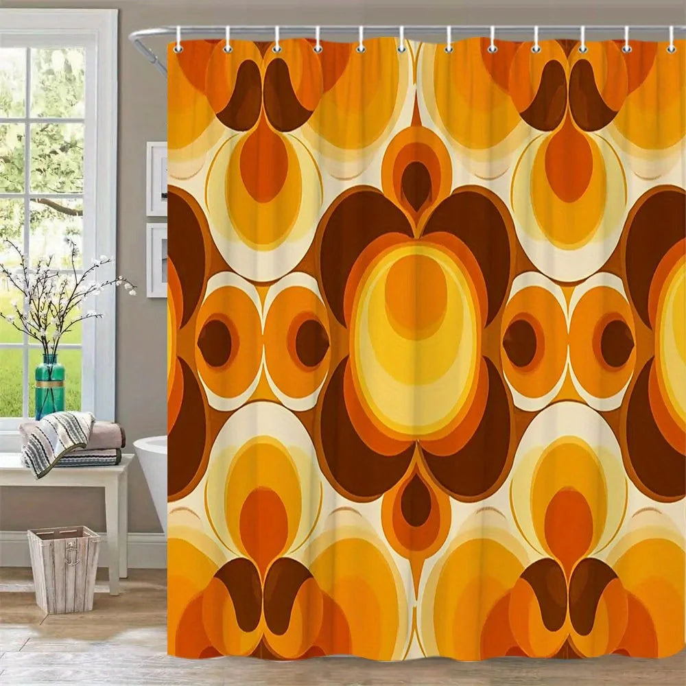 rideau douche vintage orange marron cercles concentriques geometrique polyester moderne